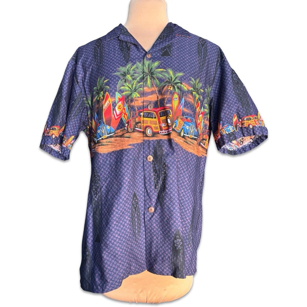 Vintage 90s Hawaiian Aloha Shirt Surf Car Print Royal Creations Mens XL